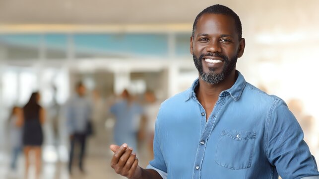 Confident African American businessman smiling in office hallway, wearing casual denim shirt against blurred colleagues background.