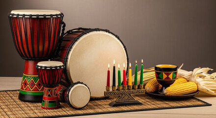 Kwanzaa display with kinara candles, drums, and corn, symbolizing African heritage. Celebrating Kwanzaa involves traditions, vibrant colors,