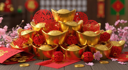 Celebrating Lunar New Year with gold ingots and red decorations on wooden background. Lunar New Year festive displays include traditional gold and ornamental red elements for good luck.