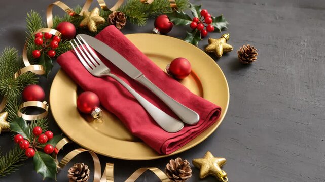 Elegant Christmas place setting with gold dish, red cloth napkin, silver fork and knife, surrounded by pine, berries, and decorations. Stylish festive arrangement. Holiday mood.