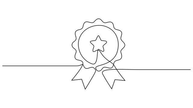 Animated self drawing of continuous line draw of Award badge with star. Winner icon in hand drawn style motion