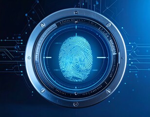 Glowing fingerprint scan inside metallic circular device, blue digital circuits