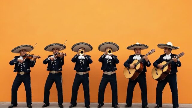 Dynamic mariachi band performing with joyful energy against vibrant orange background