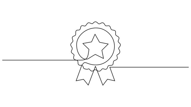 Animated self drawing of continuous line draw of Award badge with star. Winner icon in hand drawn style motion