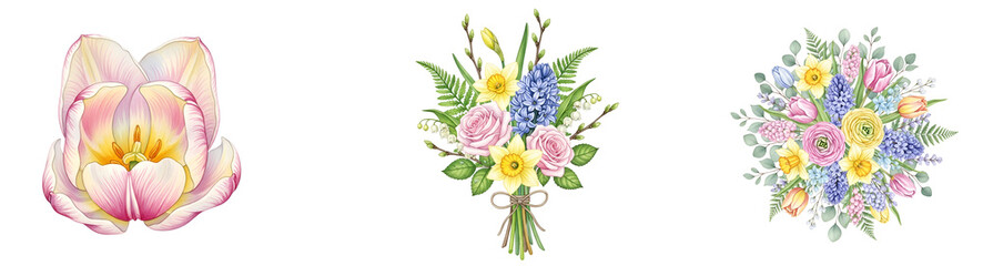 Watercolor illustrations of various floral arrangements and a single tulip blossom design art on transparent background
