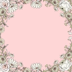 Beautiful floral frame on a soft pastel pink background. Perfect for wedding invitations, greeting cards, social media templates, posters, and feminine stationery design.