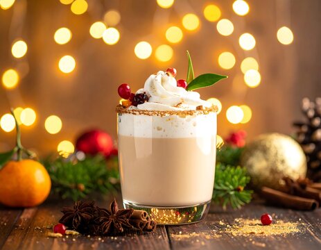 Festive glass with a whipped cream drink, garland backdrop - Powered by Adobe