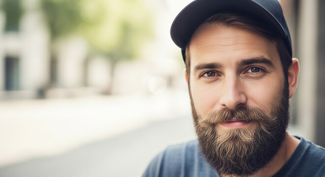 Capturing essence of No Shave November, handsome man sports a full beard and mustache, celebrating a month of growth, awareness, and fundraising.
