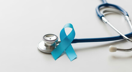 Prostate cancer awareness month with symbolic blue ribbon on white desk with stethoscope. Raising prostate cancer awareness month symbolizes public attention, support, and medical progress.