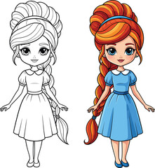 Cute cartoon girl with a long red braid and blue dress shown in both colored and line art versions.