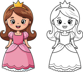 Cute cartoon princess with brown hair in a pink gown and gold crown with a black and white coloring page version.