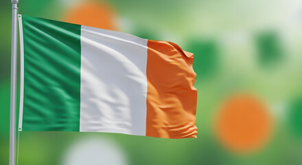 Irish flag for St. Patrick's Day celebration, featuring vibrant green, white, and orange. This Irish flag symbolizes national pride, waving gently with St. Patrick's Day spirit,