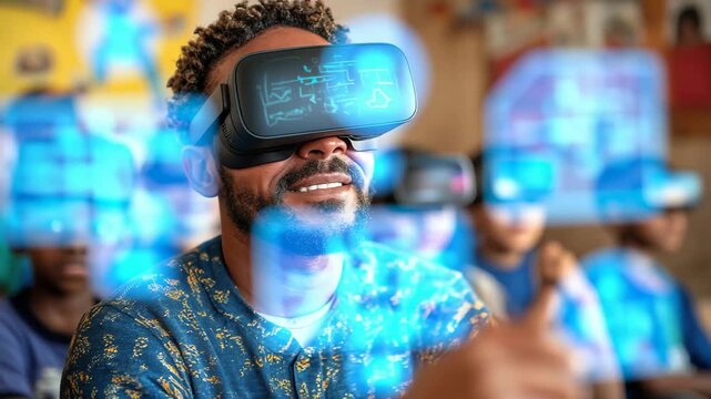 Man experiences virtual reality in a classroom while students observe in an educational setting