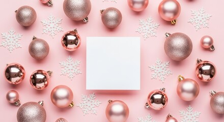 Elegant flat lay of rose gold christmas baubles and white snowflake decorations on a soft pink background with a blank white square