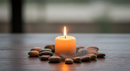 Lit candle on Suicide Loss Day with pebbles around it on table. Candlelight on Suicide Loss Day shows memory and support for grief and those who were lost.