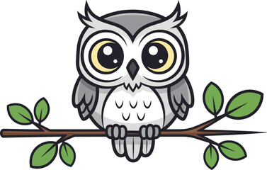 Cute gray cartoon owl with big yellow eyes and prominent ear tufts perched on a leafy branch.