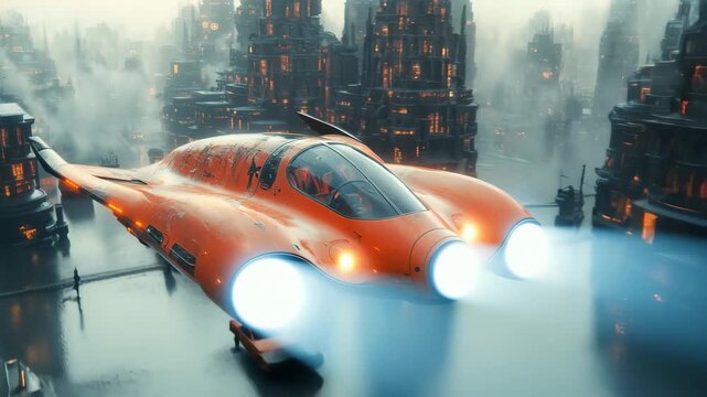 Futuristic flying vehicle navigates through a dense cyberpunk cityscape in a hazy environment during twilight hours