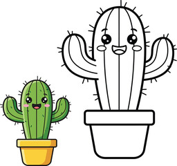 Cute smiling cartoon cactus in a pot shown in full color and as a black and white coloring page outline.