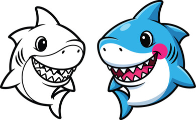 Smiling Cartoon Shark Character in Full Color and Black and White Line Art Version.