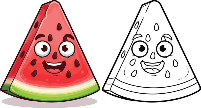 Happy cartoon watermelon slice character with a smiling face shown in both full color and black and white line art for coloring.