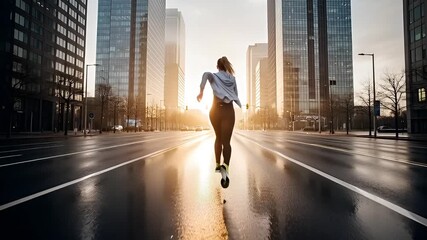 Dynamic woman tying shoe laces preparing for a city run with bright skyscrapers