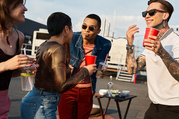 Young friends celebrate joyfully on the rooftop, enjoying a lively party atmosphere together
