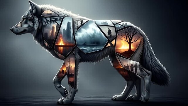 Striking wolf animation with cityscapes and nature reflecting inner turmoil