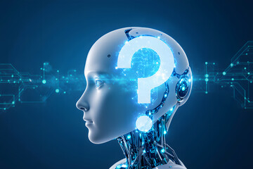 Futuristic robot head with a glowing question mark, symbolizing artificial intelligence and uncertainty.
