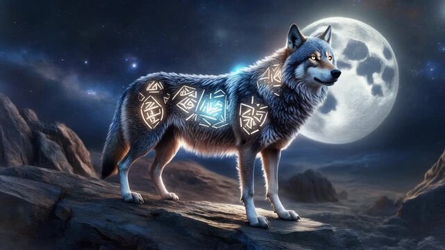 Mystical wolf on rocky terrain at night