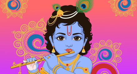 Baby krishna wallpaper design with rangoli pattern at background.