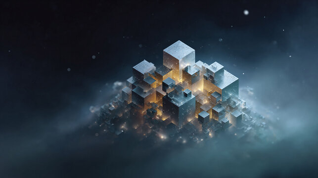 Abstract geometric composition featuring metallic cubes nestled in a misty landscape. Evokes themes of structure, complexity, and innovation. Ideal for tech, science, or conceptual design projects.