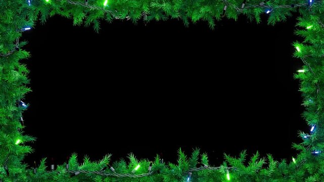 Christmas frame or new year frame with fir or pine leaves and light bulbs blinking with alpha map for compositing. 4K loop animation
