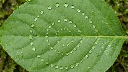 Macro top-down view of dew droplets forming a perfect spiral on a fresh green leaf, symbolizing natural symmetry, calm and eco-friendly themes.