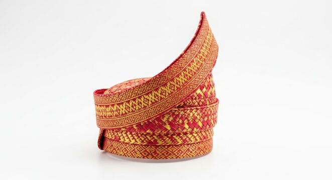 Traditional Malay or Indonesian songket headwear in red and gold intricate patterns, folded elegantly on a white background.
