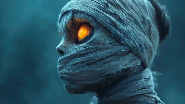 Mysterious creature with glowing eyes wrapped in tattered bandages in a dark setting