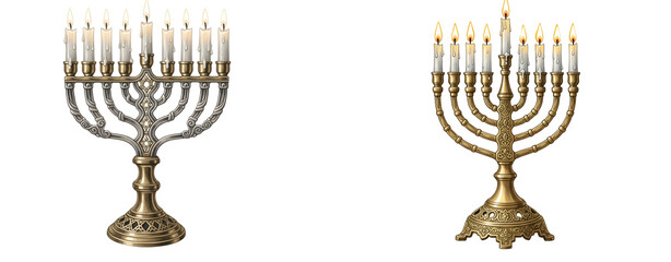 Fototapeta premium Two menorahs with lit candles, one silver and one gold, displayed side by side on a plain setting on transparent background