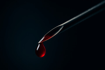 A dramatic macro shot of a needle releasing a red liquid droplet against a dark backdrop, symbolizing medical science, danger, life, precision, and intense emotional impact.