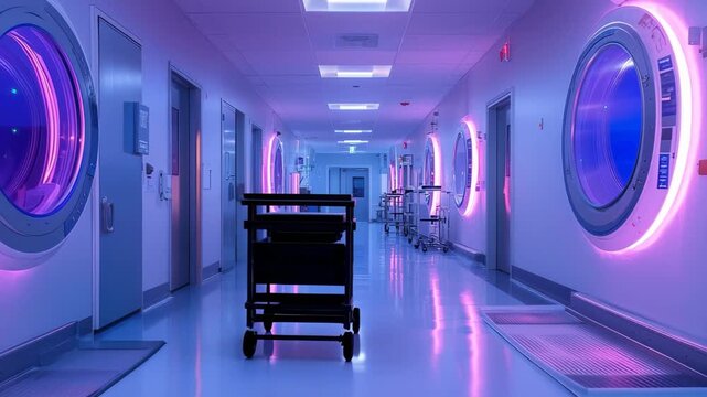 Futuristic hospital corridor illuminated by neon lights with circular chambers in a modern healthcare facility