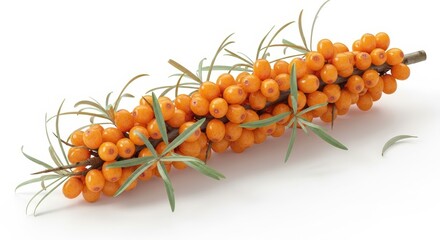 A close-up shot of a branch laden with vibrant orange sea buckthorn berries and slender green leaves against a white background.