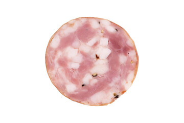 round piece of homemade sausage isolated on white background, top view, slice of pork sausage with pieces of fat and black pepper for any design