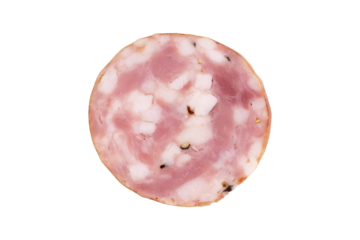 round piece of homemade sausage isolated on white background, top view, slice of pork sausage with pieces of fat and black pepper for any design