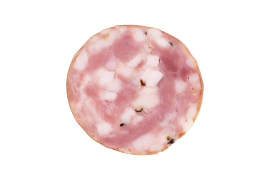 round piece of homemade sausage isolated on white background, top view, slice of pork sausage with pieces of fat and black pepper for any design