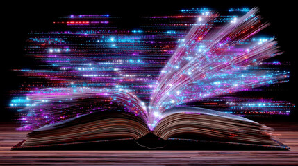 Unlocking digital knowledge and information flow An open book radiating vibrant, futuristic light streams, symbolizing education, innovation, and discovery