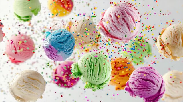 Vibrant ice cream scoops and sprinkles floating in the air.