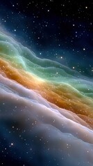 A vibrant, abstract depiction of a cosmic nebula with swirling clouds of orange, green, and blue gas, illuminated by countless stars in the dark expanse of spac