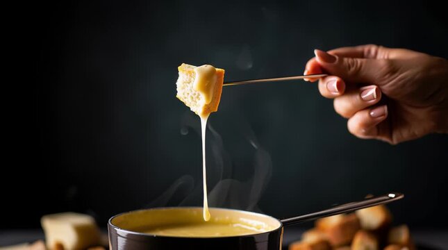 A hand raises bread on a fondue fork above hot melted cheese as it stretches and drips back into the pot.