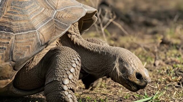 Majestic tortoise grazing in natural habitat: slow movement and detailed closeups