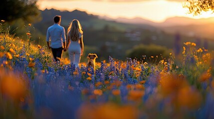 A man and a woman holding hands and walking through a vibrant field of wildflowers with their dog. The scene is bathed in the warm, golden light of a sunset, cr