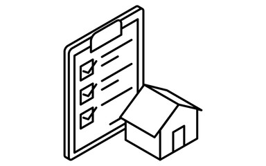 Simple line-drawn isometric illustration checklist for real estate purchase verification items, black and white