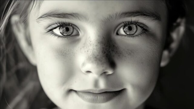 A close-up of a cheerful child's face with big expressive eyes.
